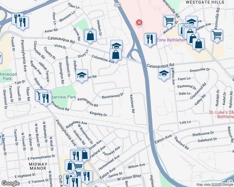 map of restaurants, bars, coffee shops, grocery stores, and more near 1938 Ravenwood Drive in Bethlehem