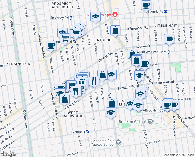 map of restaurants, bars, coffee shops, grocery stores, and more near 1802 Newkirk Avenue in Brooklyn