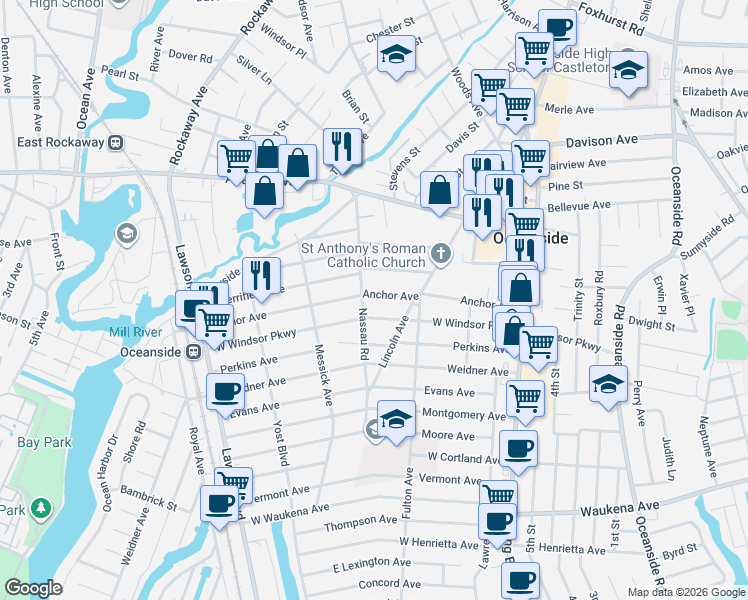 map of restaurants, bars, coffee shops, grocery stores, and more near 177 Anchor Avenue in Oceanside