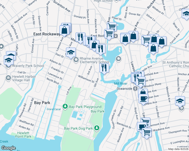 map of restaurants, bars, coffee shops, grocery stores, and more near 57 4th Avenue in East Rockaway