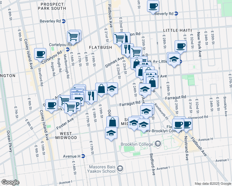 map of restaurants, bars, coffee shops, grocery stores, and more near 2104 Foster Avenue in Brooklyn