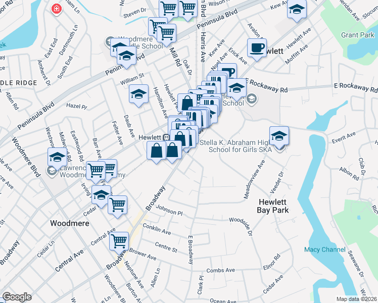 map of restaurants, bars, coffee shops, grocery stores, and more near 8 Franklin Avenue in Hewlett
