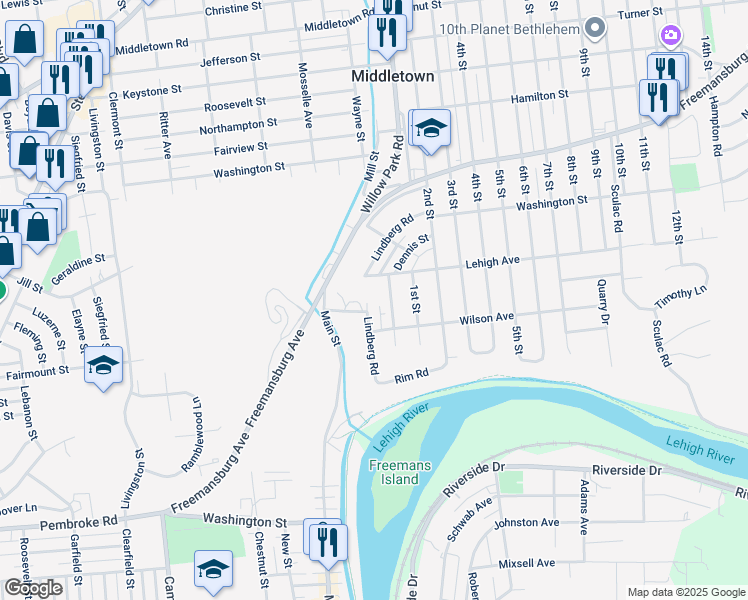 map of restaurants, bars, coffee shops, grocery stores, and more near 1532 Lindberg Road in Bethlehem