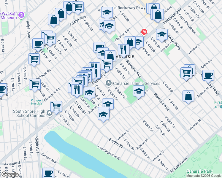map of restaurants, bars, coffee shops, grocery stores, and more near 985 East 85th Street in Brooklyn