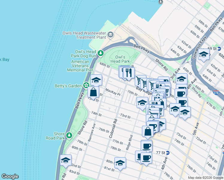 map of restaurants, bars, coffee shops, grocery stores, and more near 61 MacKay Place in Brooklyn