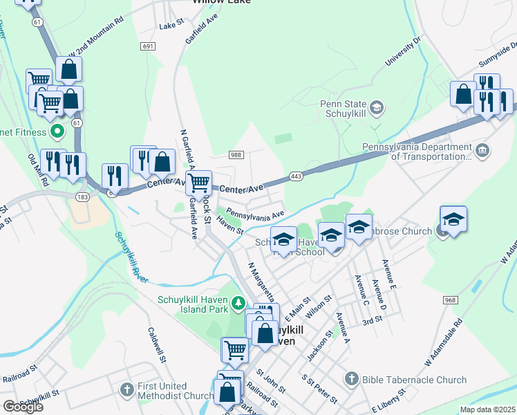 map of restaurants, bars, coffee shops, grocery stores, and more near Stanton Street in Schuylkill Haven