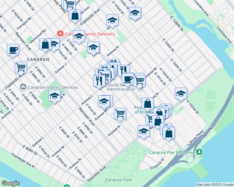 map of restaurants, bars, coffee shops, grocery stores, and more near 1464 East 95th Street in Brooklyn