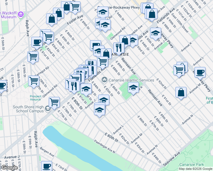 map of restaurants, bars, coffee shops, grocery stores, and more near 985 East 85th Street in Brooklyn