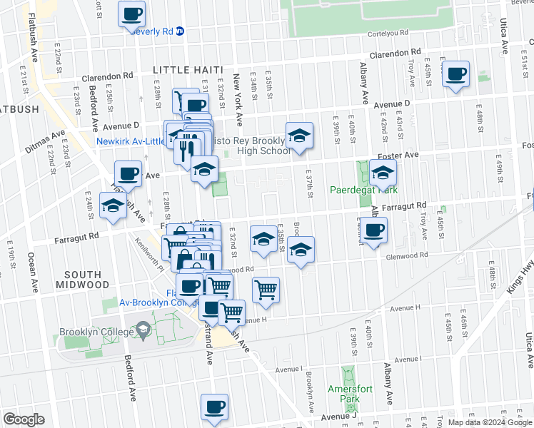 map of restaurants, bars, coffee shops, grocery stores, and more near 3402 Farragut Road in Brooklyn