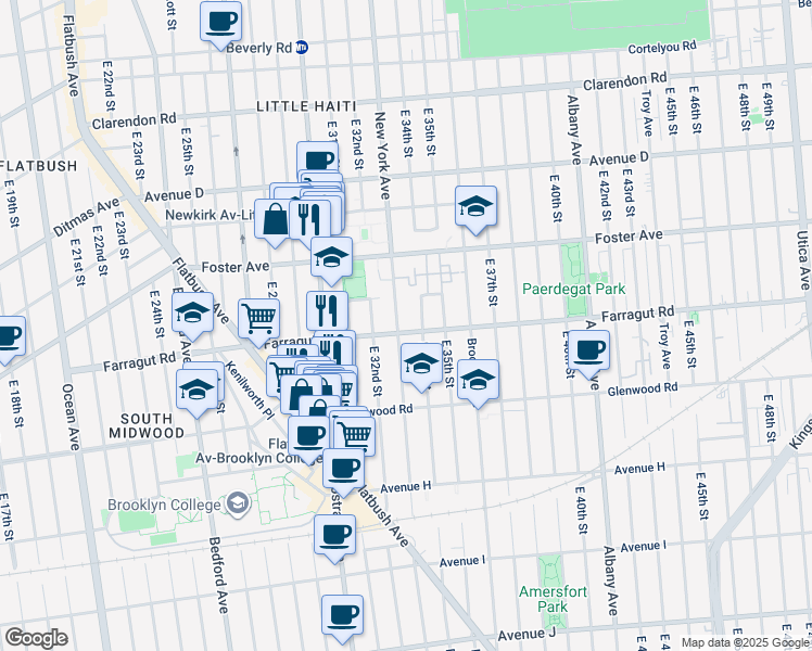 map of restaurants, bars, coffee shops, grocery stores, and more near 3223 Farragut Road in Brooklyn