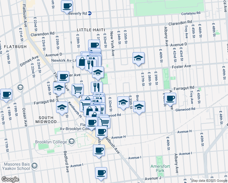 map of restaurants, bars, coffee shops, grocery stores, and more near 3223 Farragut Road in Brooklyn