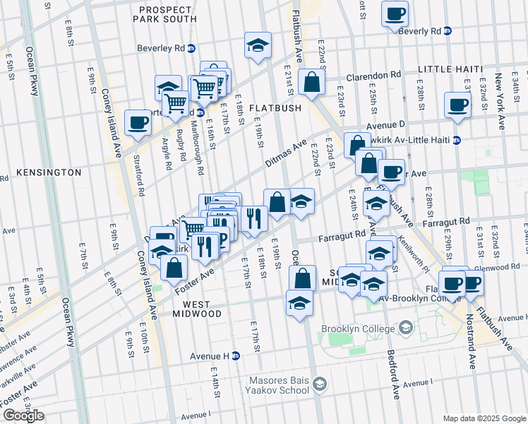 map of restaurants, bars, coffee shops, grocery stores, and more near 1818 Newkirk Avenue in Brooklyn