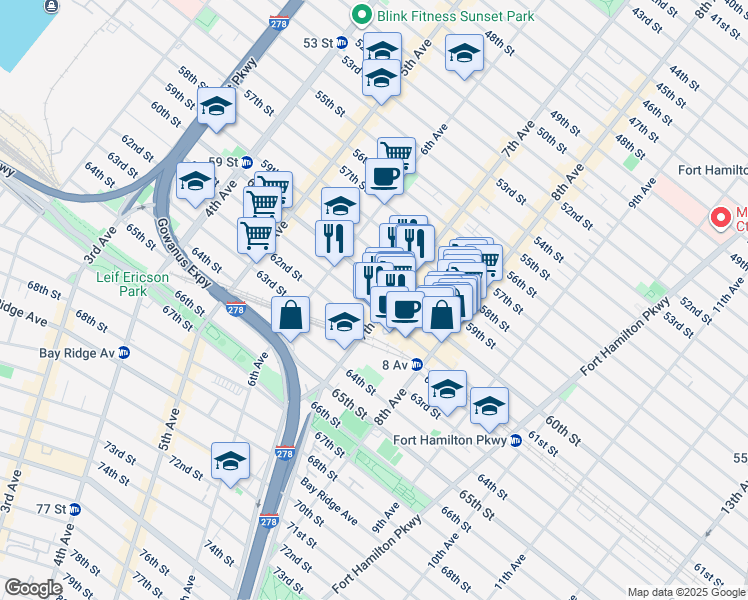 map of restaurants, bars, coffee shops, grocery stores, and more near 666 61st Street in Brooklyn