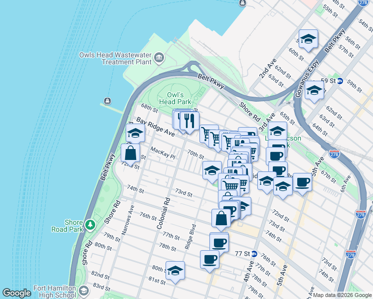 map of restaurants, bars, coffee shops, grocery stores, and more near 131 70th Street in Brooklyn