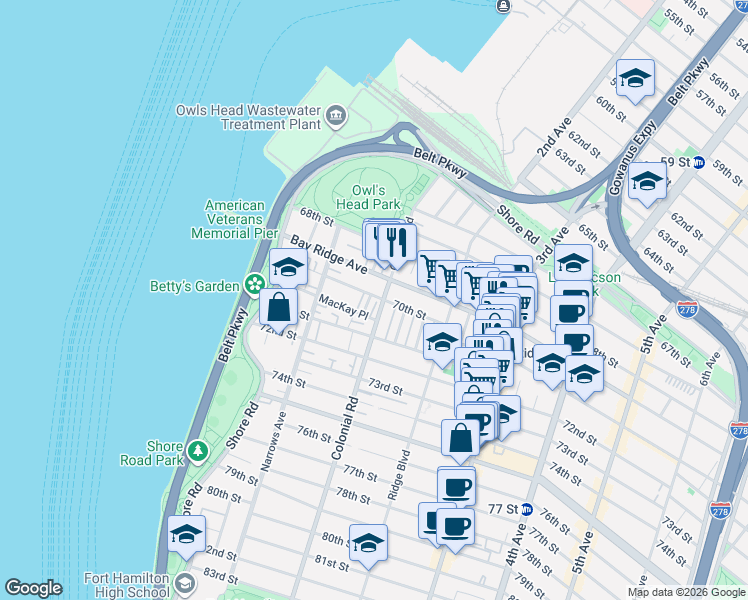 map of restaurants, bars, coffee shops, grocery stores, and more near 7016 Louise Terrace in Brooklyn