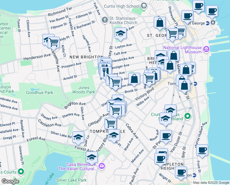map of restaurants, bars, coffee shops, grocery stores, and more near 11 Stanley Avenue in Staten Island