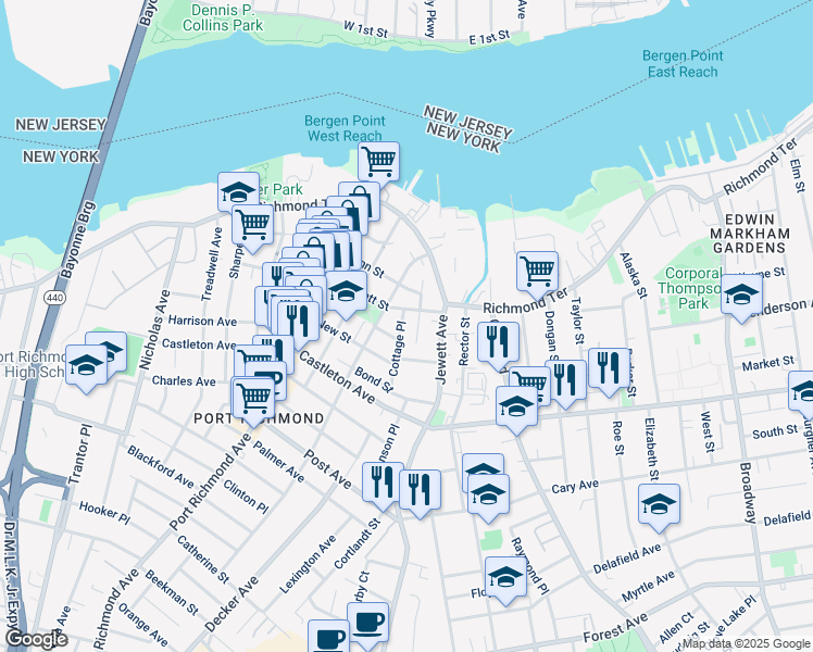map of restaurants, bars, coffee shops, grocery stores, and more near 50 Avenue B in Staten Island