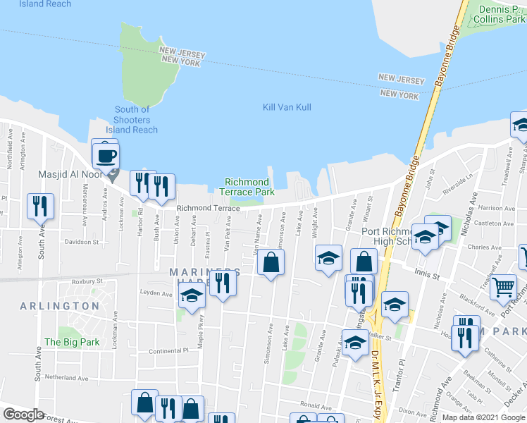 map of restaurants, bars, coffee shops, grocery stores, and more near 9 Van Name Avenue in Staten Island