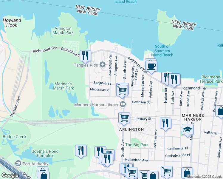 map of restaurants, bars, coffee shops, grocery stores, and more near 152 Arlington Avenue in Staten Island