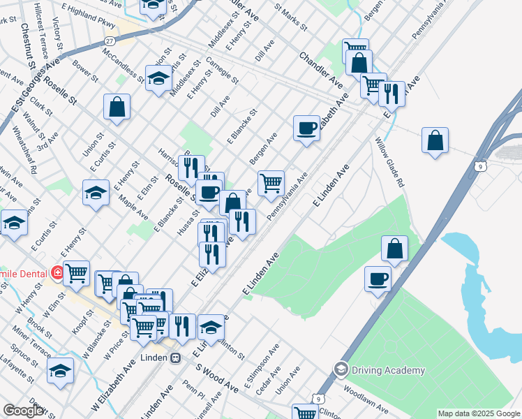 map of restaurants, bars, coffee shops, grocery stores, and more near 12 Bower Street in Linden