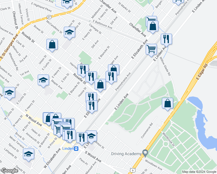 map of restaurants, bars, coffee shops, grocery stores, and more near 12 Bower Street in Linden