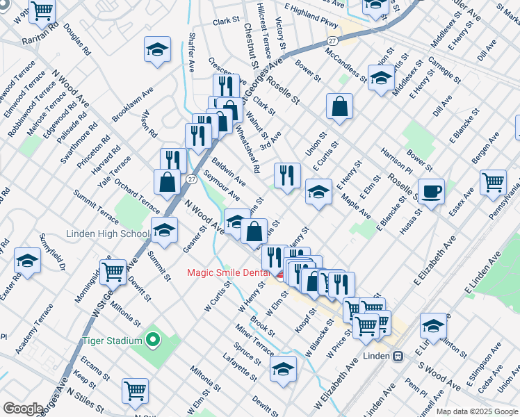 map of restaurants, bars, coffee shops, grocery stores, and more near 113 East Curtis Street in Linden