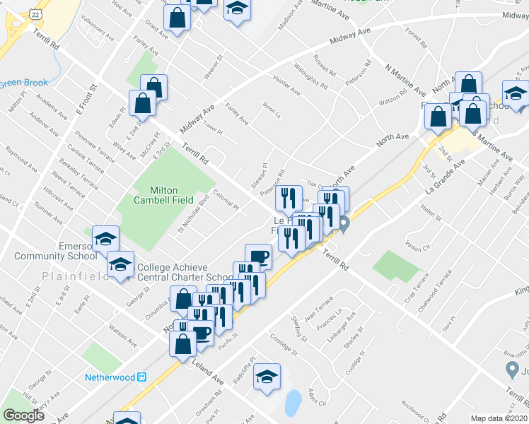 map of restaurants, bars, coffee shops, grocery stores, and more near 320 Terrill Road in Plainfield