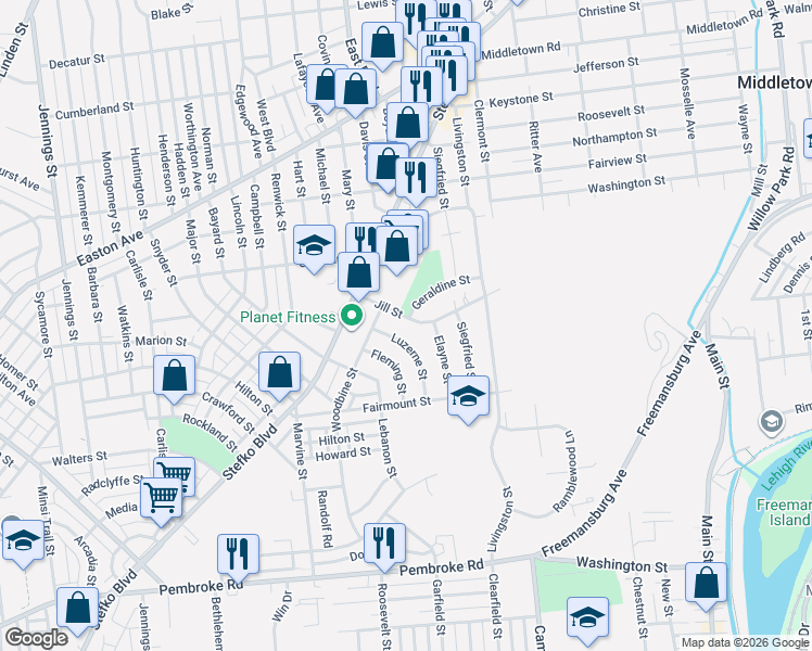 map of restaurants, bars, coffee shops, grocery stores, and more near 1580 Luzerne Street in Bethlehem