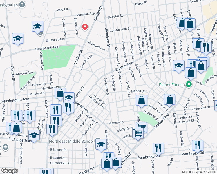 map of restaurants, bars, coffee shops, grocery stores, and more near 1816 Sycamore Street in Bethlehem