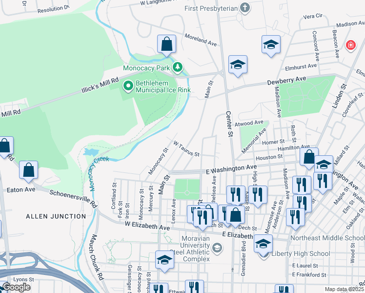 map of restaurants, bars, coffee shops, grocery stores, and more near 1725 Main Street in Bethlehem