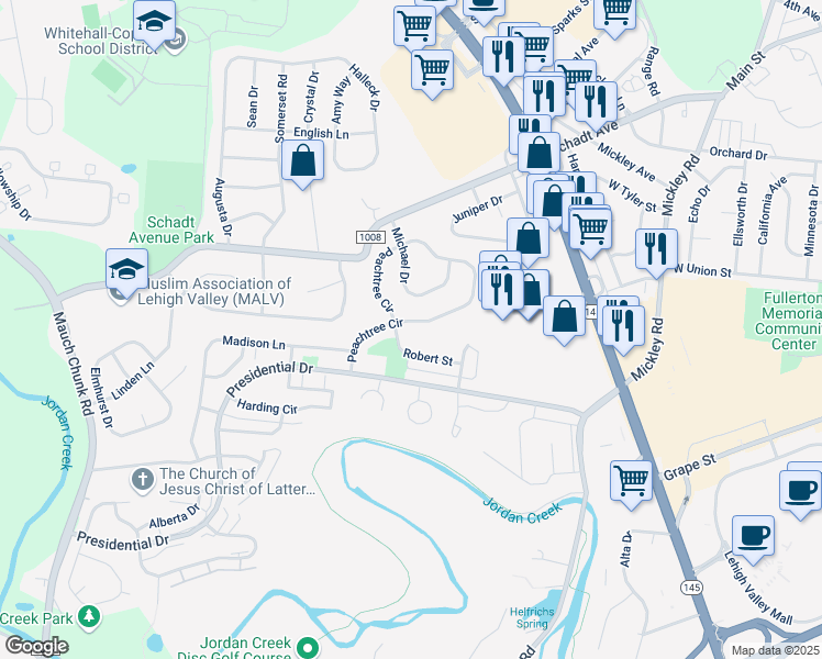 map of restaurants, bars, coffee shops, grocery stores, and more near 1427 Robert Street in Fullerton