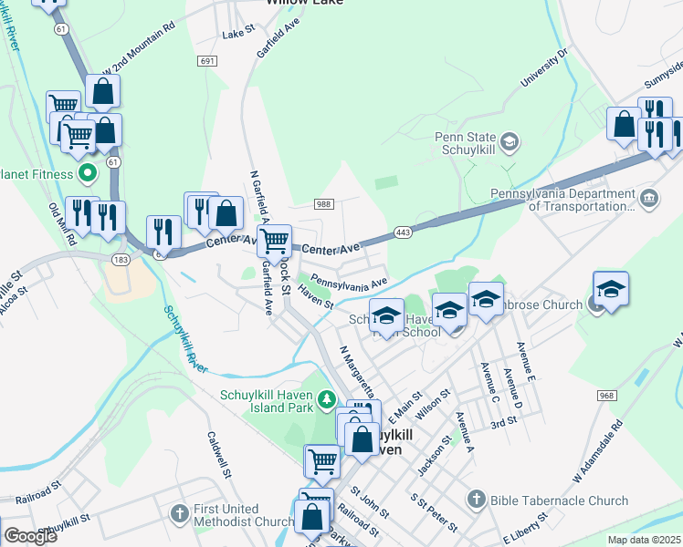 map of restaurants, bars, coffee shops, grocery stores, and more near 50 Stanton Street in Schuylkill Haven