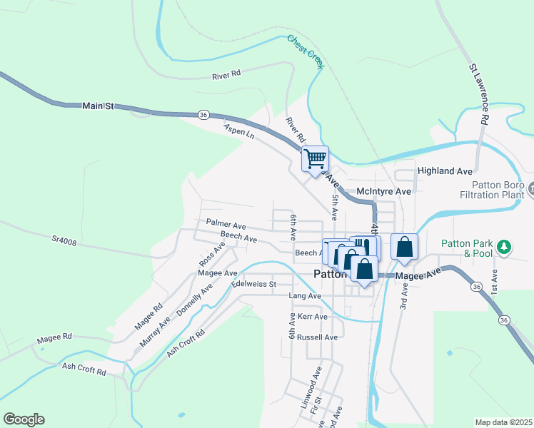 map of restaurants, bars, coffee shops, grocery stores, and more near 1007-1009 Brown Avenue in Patton
