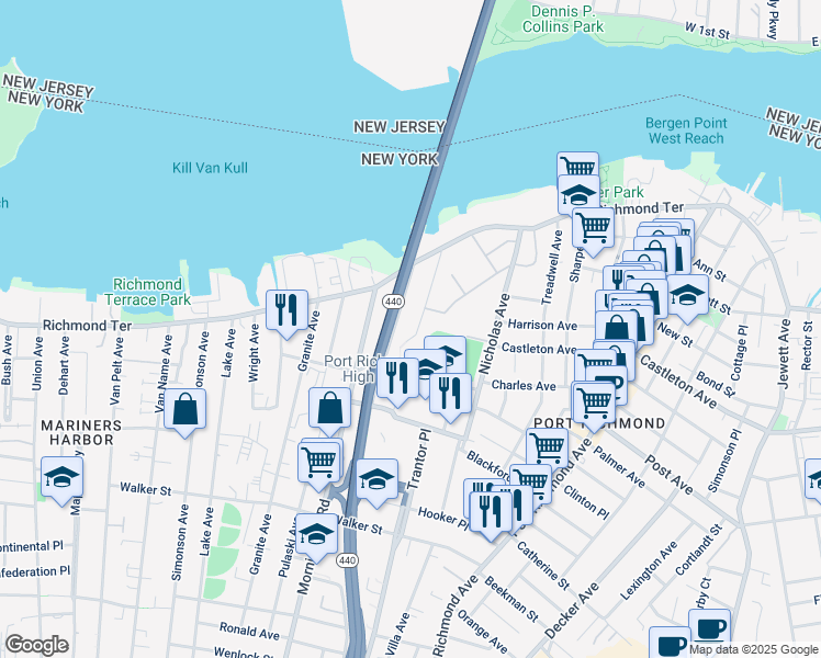 map of restaurants, bars, coffee shops, grocery stores, and more near 94 1/2 John Street in Staten Island