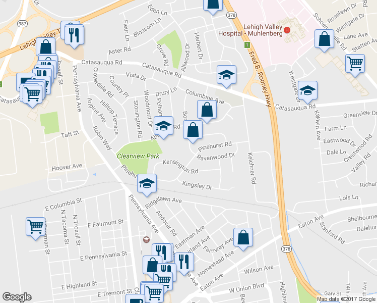 map of restaurants, bars, coffee shops, grocery stores, and more near 1411 Bonnie Drive in Bethlehem