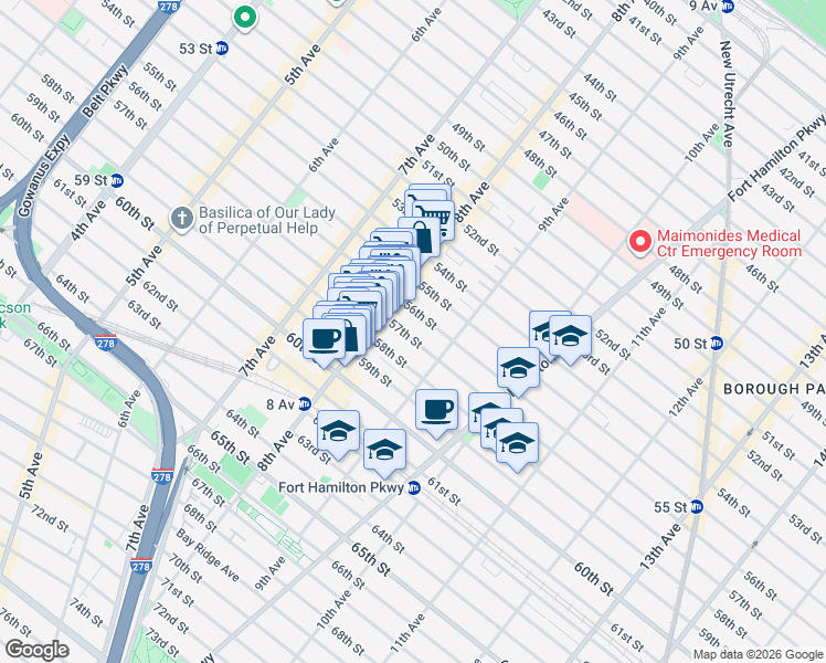 map of restaurants, bars, coffee shops, grocery stores, and more near 838 57th Street in Brooklyn