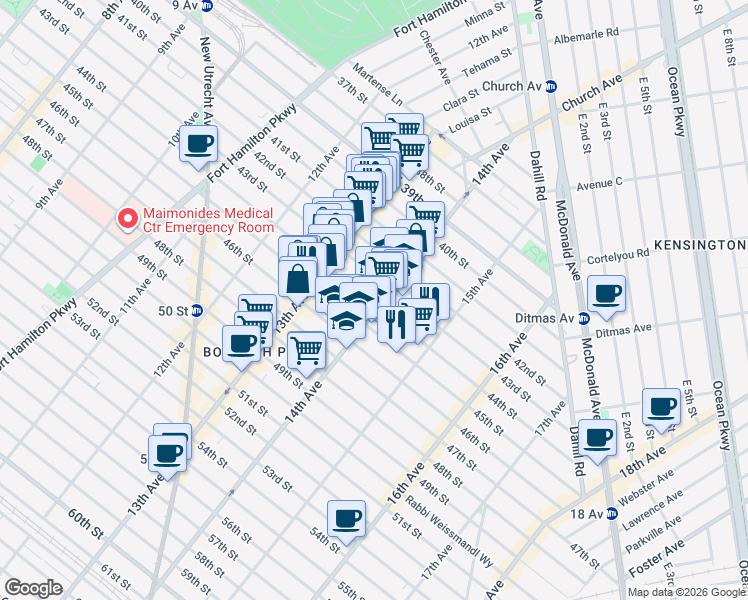 map of restaurants, bars, coffee shops, grocery stores, and more near 4406 14th Avenue in Brooklyn