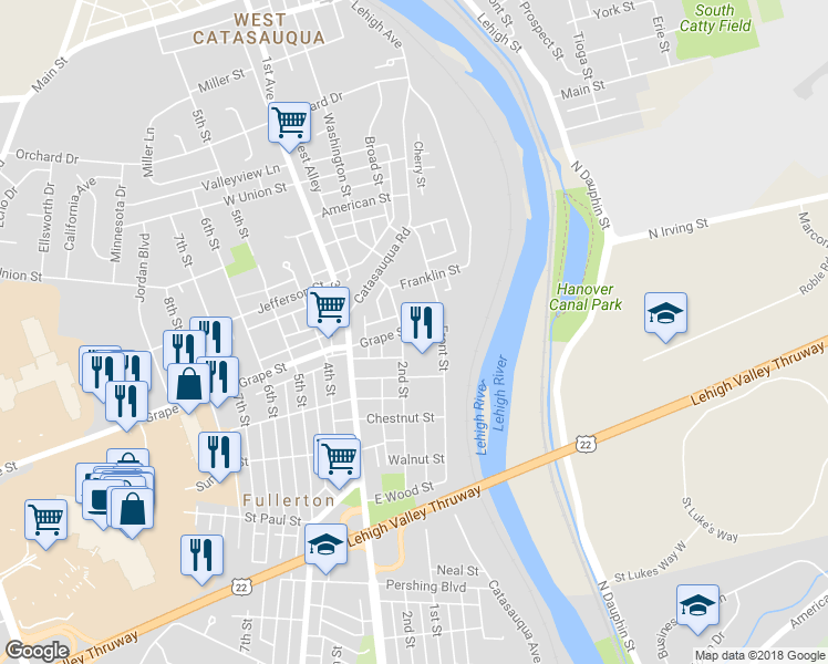 map of restaurants, bars, coffee shops, grocery stores, and more near 130 Grape Street in Fullerton