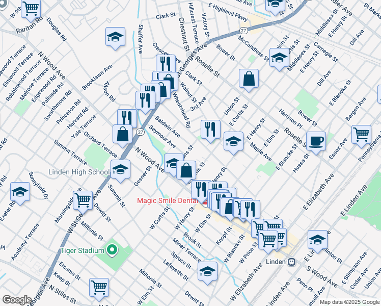 map of restaurants, bars, coffee shops, grocery stores, and more near 113 East Curtis Street in Linden