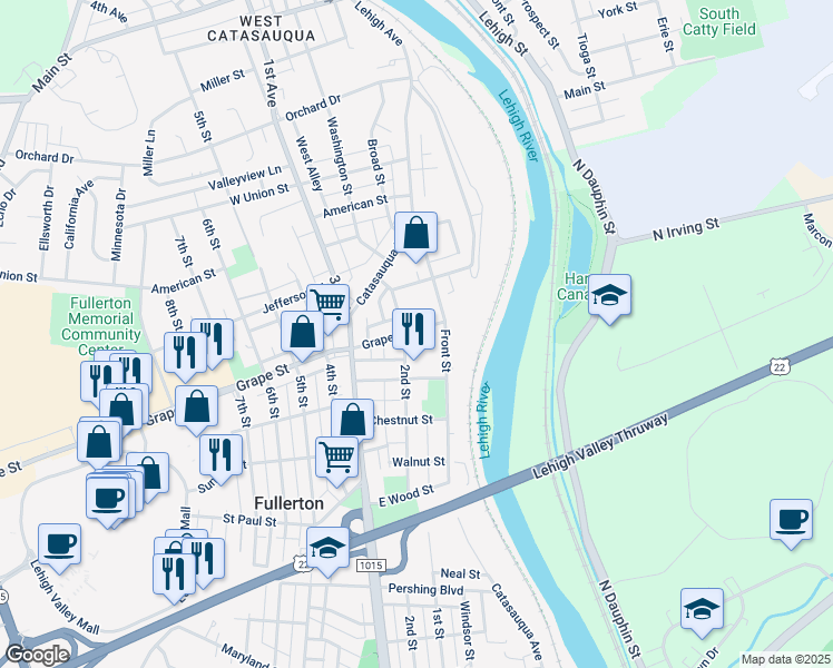 map of restaurants, bars, coffee shops, grocery stores, and more near 130 Grape Street in Fullerton
