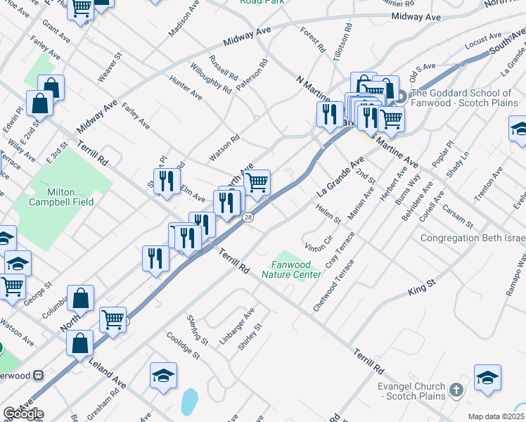 map of restaurants, bars, coffee shops, grocery stores, and more near 74 South Avenue in Fanwood