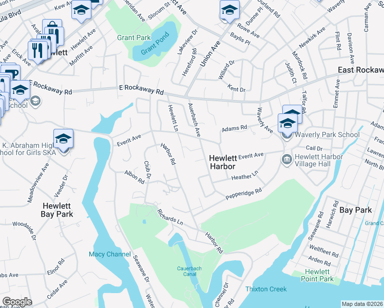 map of restaurants, bars, coffee shops, grocery stores, and more near 1320 Auerbach Avenue in Hewlett