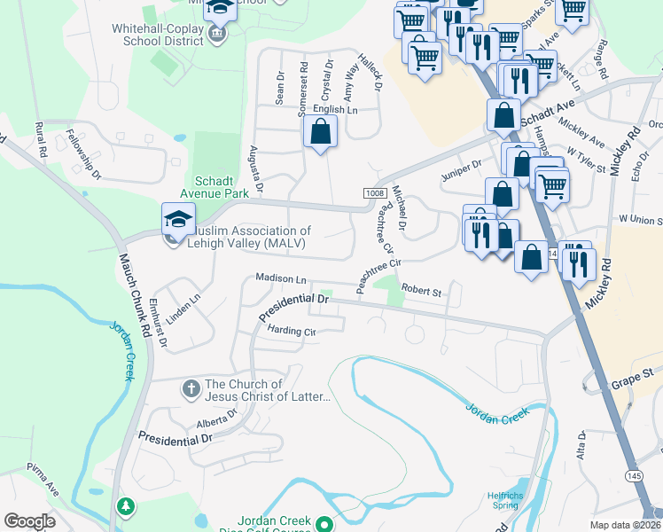 map of restaurants, bars, coffee shops, grocery stores, and more near 34 Madison Lane in Fullerton