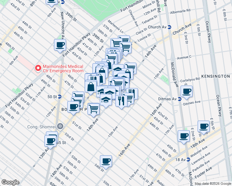 map of restaurants, bars, coffee shops, grocery stores, and more near 4406 14th Avenue in Brooklyn