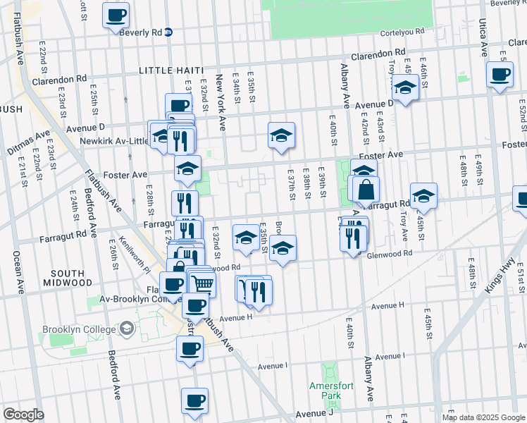 map of restaurants, bars, coffee shops, grocery stores, and more near 3524 Farragut Road in Brooklyn
