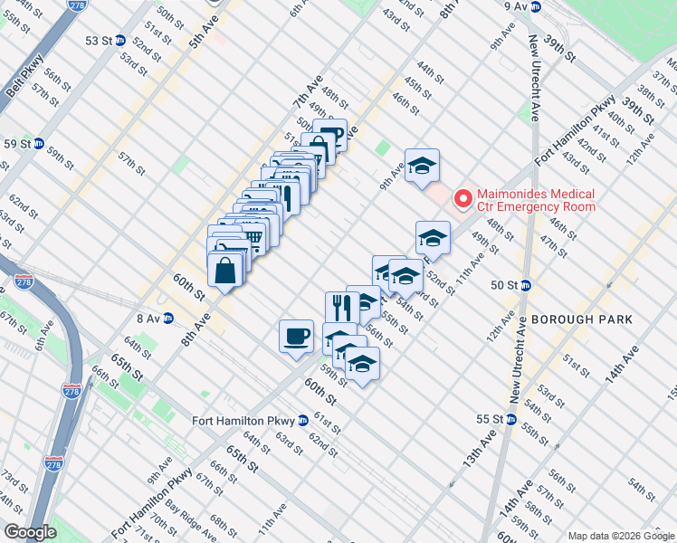 map of restaurants, bars, coffee shops, grocery stores, and more near 923 55th Street in Brooklyn