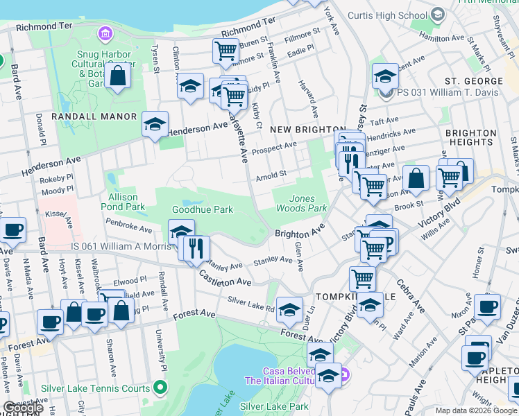 map of restaurants, bars, coffee shops, grocery stores, and more near 337 Lafayette Avenue in Staten Island