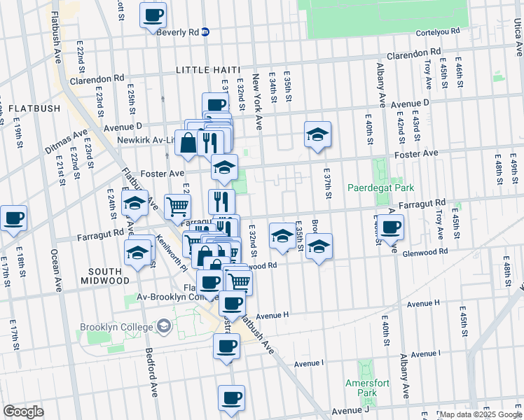 map of restaurants, bars, coffee shops, grocery stores, and more near 1488 New York Avenue in Brooklyn
