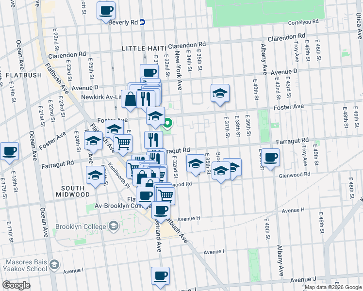 map of restaurants, bars, coffee shops, grocery stores, and more near 1488 New York Avenue in Brooklyn