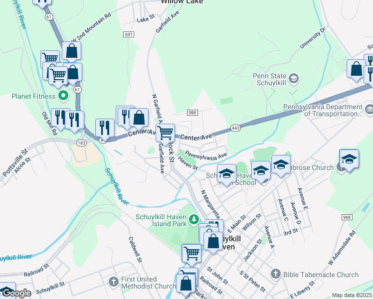 map of restaurants, bars, coffee shops, grocery stores, and more near 142 Pennsylvania Avenue in Schuylkill Haven
